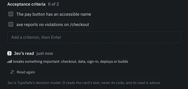 A card’s acceptance criteria, then Jev’s read: four bars and “breaks something important: checkout, data, sign-in, deploys or builds”, a Read again button, and the note “Jev is TypeSafe’s decision model. It reads the card’s text, never its code, and its read is advice.”