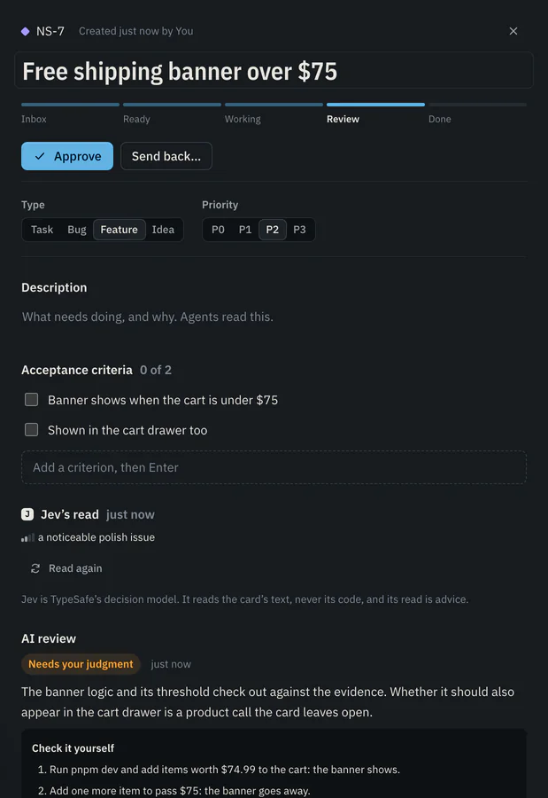 The card “Free shipping banner over $75” in Review, with Approve and Send back buttons, two acceptance criteria, Jev’s read, and an AI review marked “Needs your judgment” with steps to check it yourself.